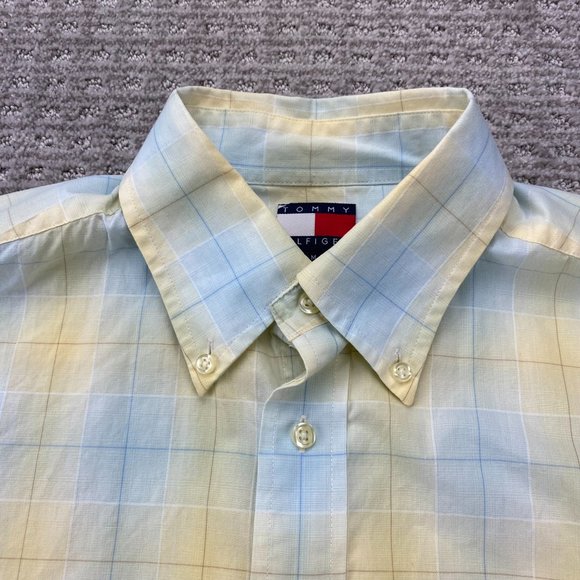 Tommy Hilfiger Shirt Men Medium M Yellow Blue Plaid Button Down DEFECT BUTTON - Picture 4 of 14